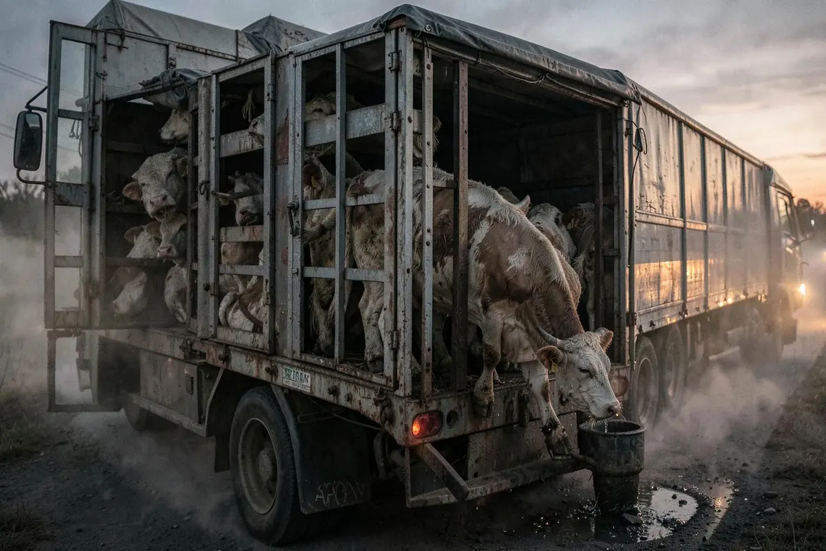 Cattle crowded inside the slatted trailer of a livestock truck during transport