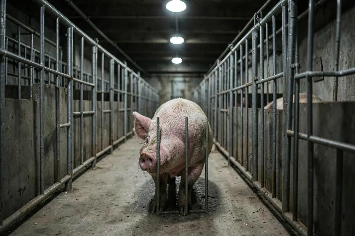 An adult sow standing within a narrow metal gestation crate in an industrial pig facility
