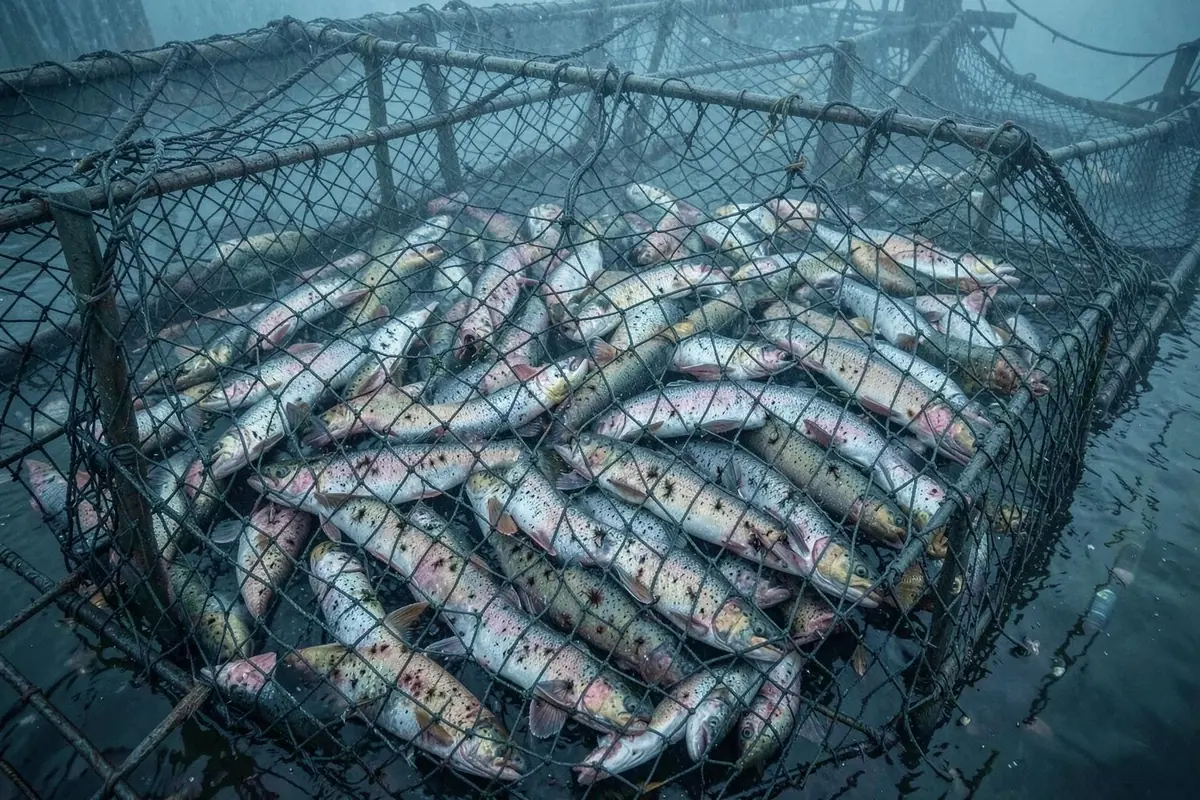 Farmed salmon crowded tightly inside a submerged aquaculture net pen
