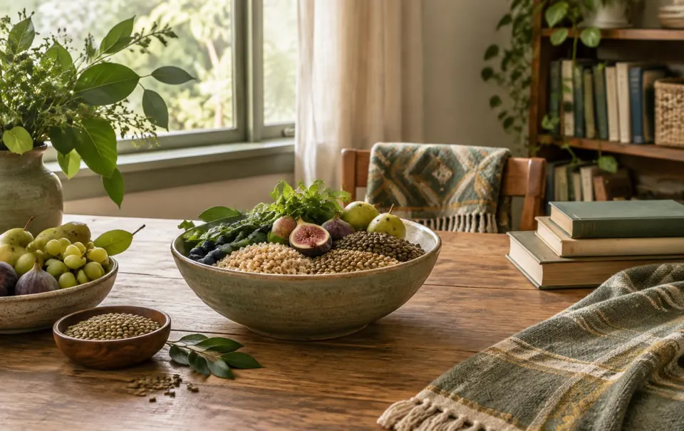 A bowl of grains and fruit on a table beside a window
