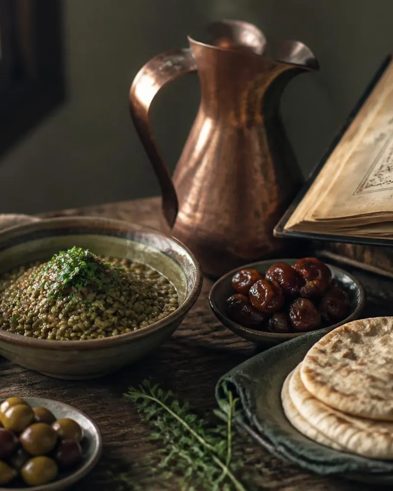 A wooden table set with lentils, dates, olives, flatbread, a copper water jug and an open Arabic manuscript