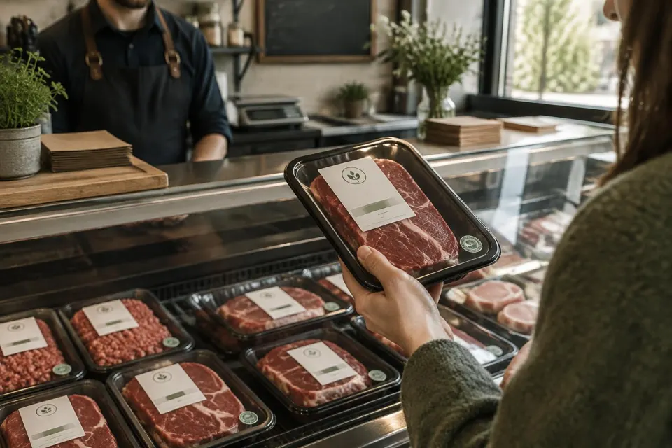 A shopper checking a label at a meat counter