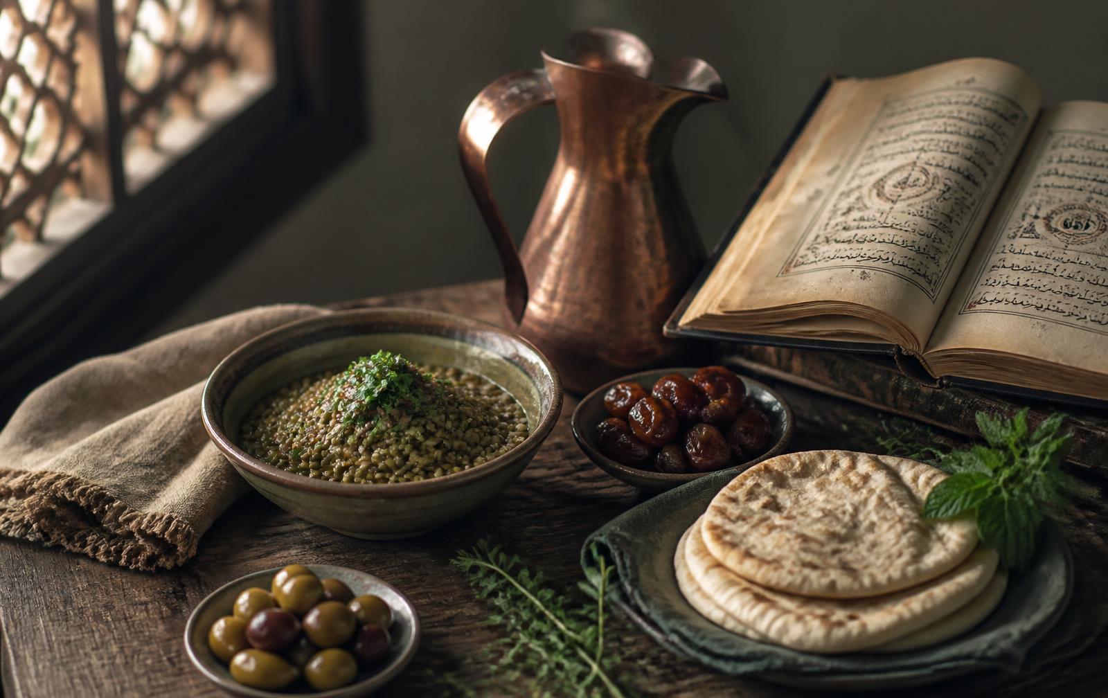A wooden table set with lentils, dates, olives, flatbread, a copper water jug and an open Arabic manuscript