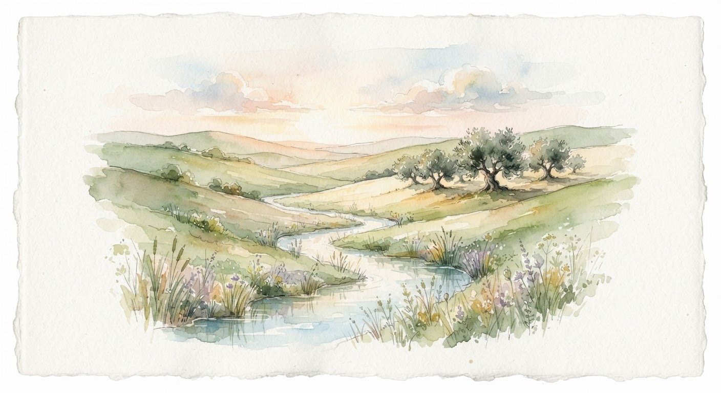 Malerische Naturlandschaft mit grünen Hügeln und Wasserlauf, Sinnbild für Reinheit und Tayyib im Islam.
