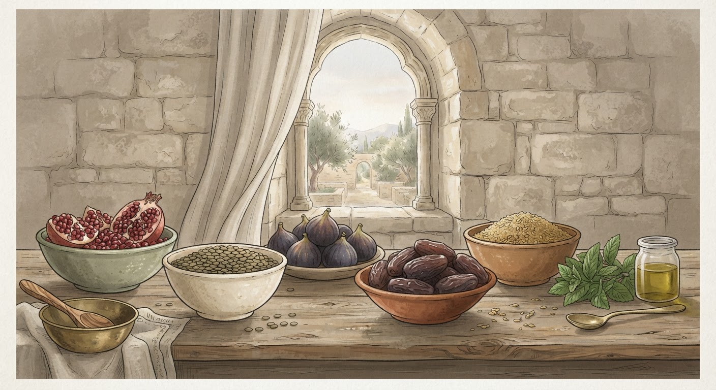 Bowls of fresh figs, pomegranates, lentils, and herbs on a rustic wooden table in gentle morning light