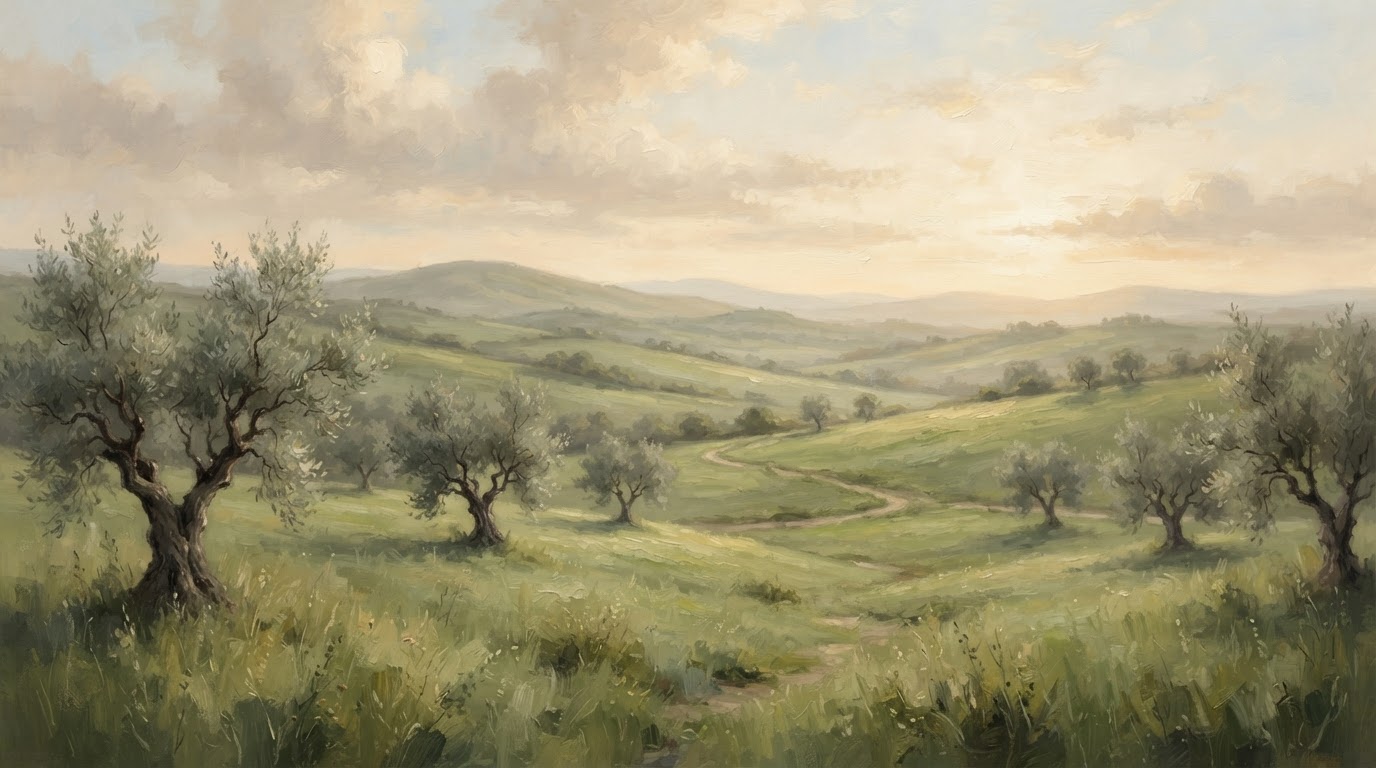 A serene pastoral landscape with rolling green hills and olive trees bathed in warm morning light, evoking stewardship and peace.