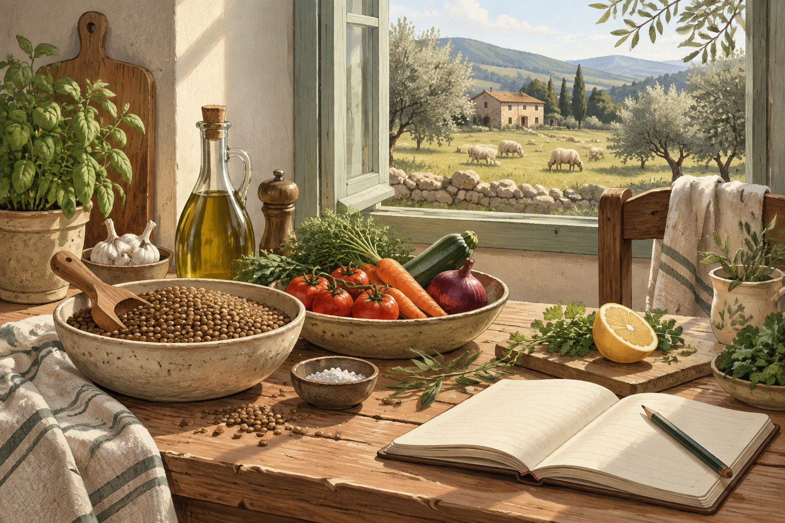 Fresh pomegranates, figs, olives, whole grains, and herbs arranged thoughtfully on a rustic wooden table under gentle daylight.