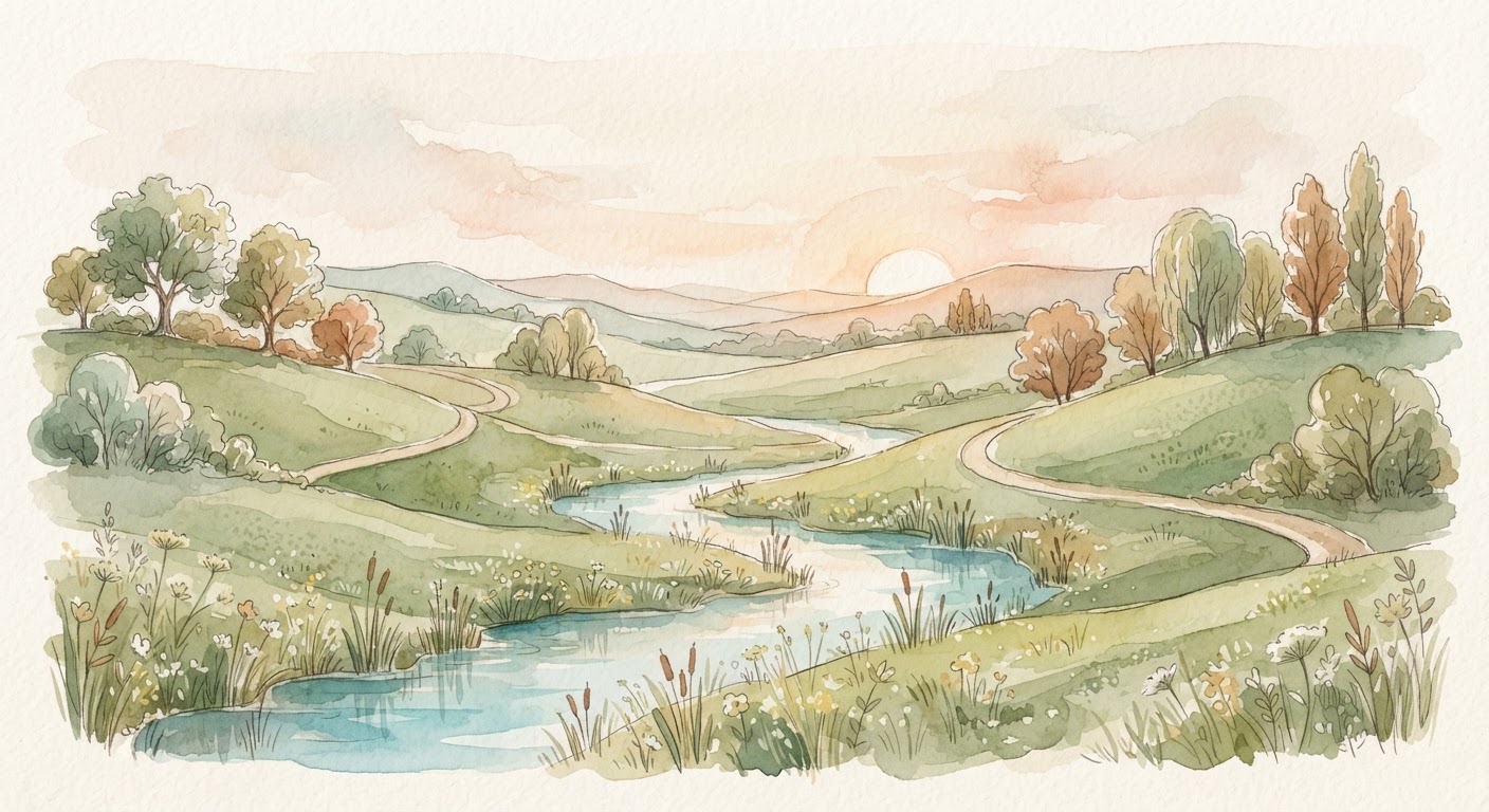 Pastoral watercolor illustration representing divine harmony, ethical stewardship, and nature in Islamic tradition