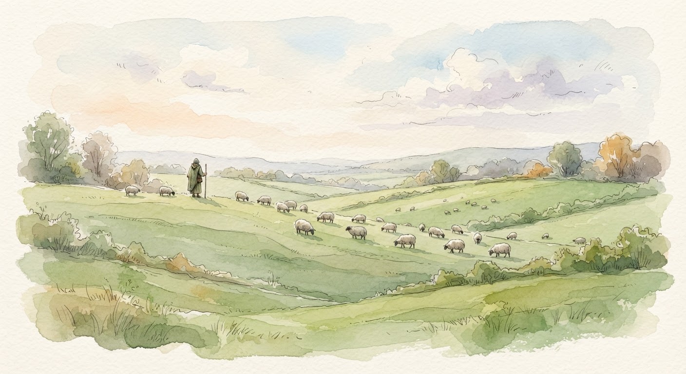 Ilustración suave de un paisaje pastoral abierto al amanecer, simbolizando la relación ética entre los humanos, los animales y la tierra.