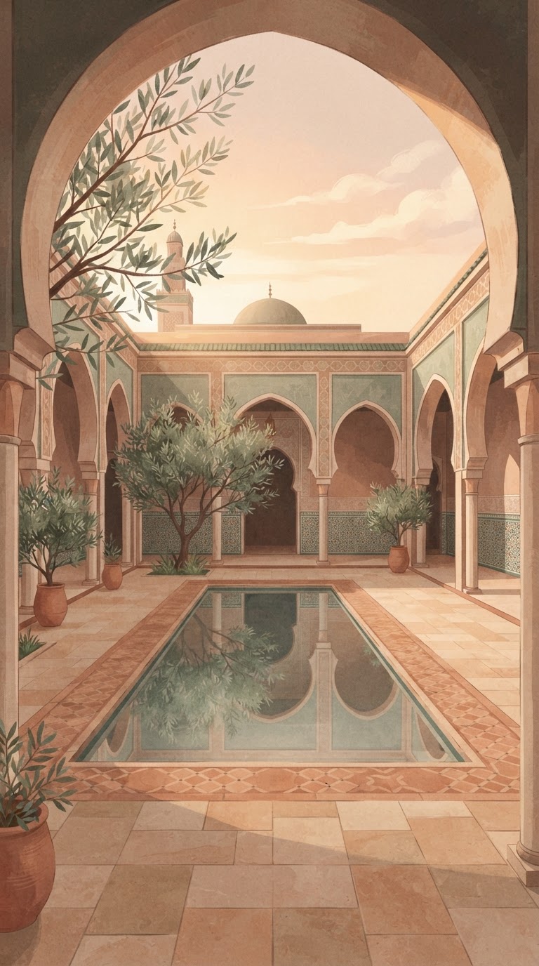 Ilustración editorial serena con arcos islámicos geométricos, ramas de olivo y luz cálida de amanecer.