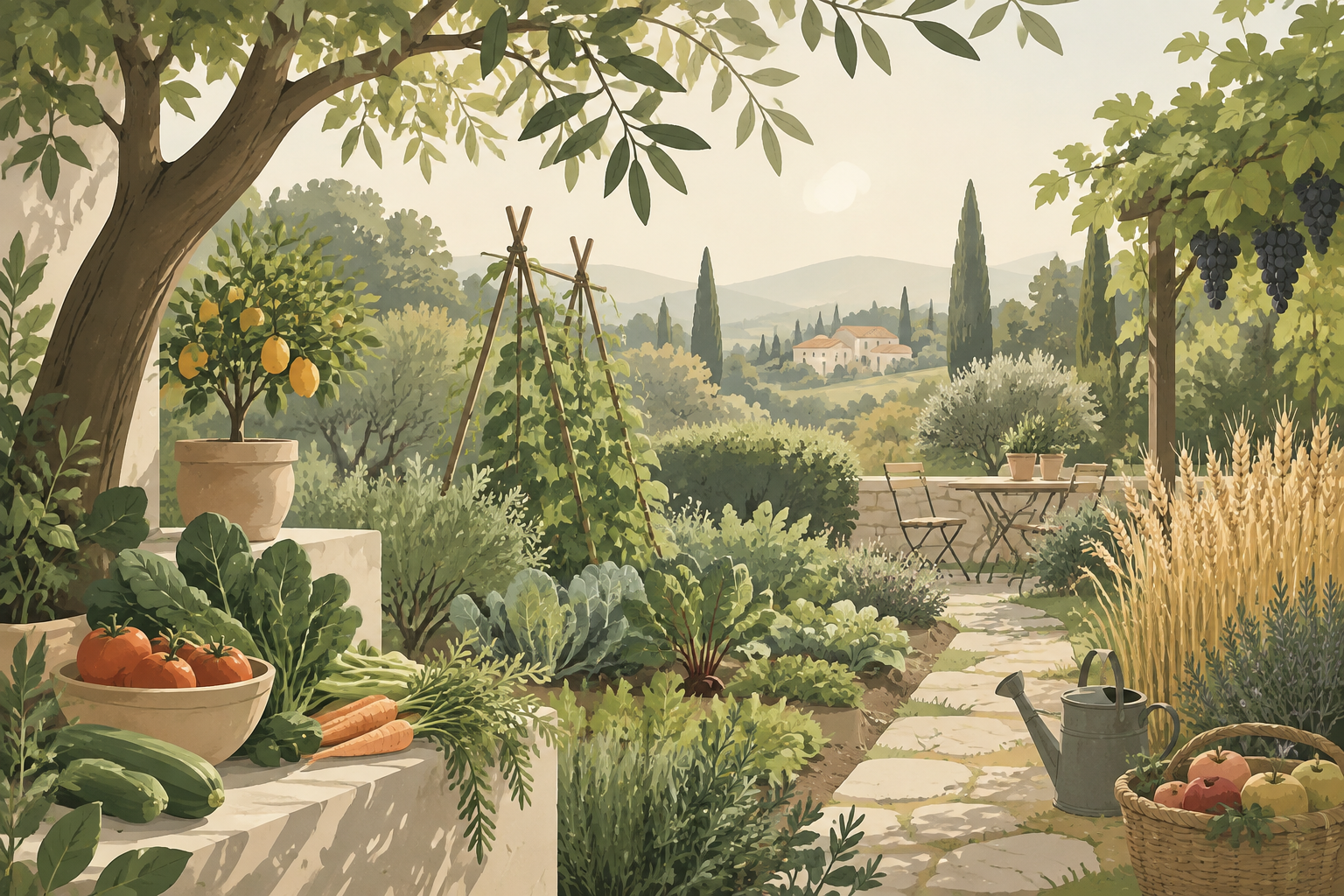 Illustration paisible montrant des collines verdoyantes, des oliviers et des aliments végétaux sains symbolisant le concept islamique de tayyib.