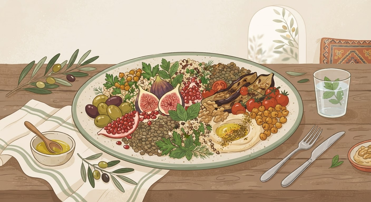 Zeytin, incir, nar ve baklagillerden oluşan bereketli bitkisel sofra illüstrasyonu